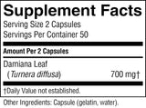 A close-up of a supplement facts label showing serving size 2 capsules, 50 servings per container, and Damiana Leaf at 700 mg. The label is black text on a white background.