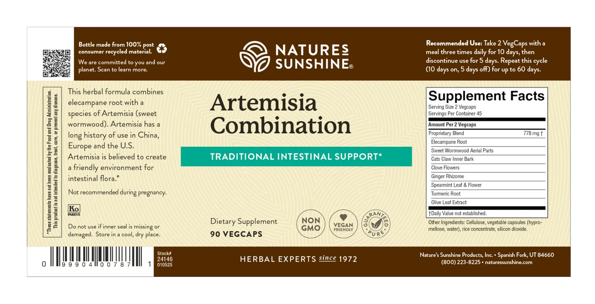 Front of a Nature's Sunshine Artemisia Combination dietary supplement box, showing the label design with product name, usage, supplement facts, and icons on a beige and brown background.