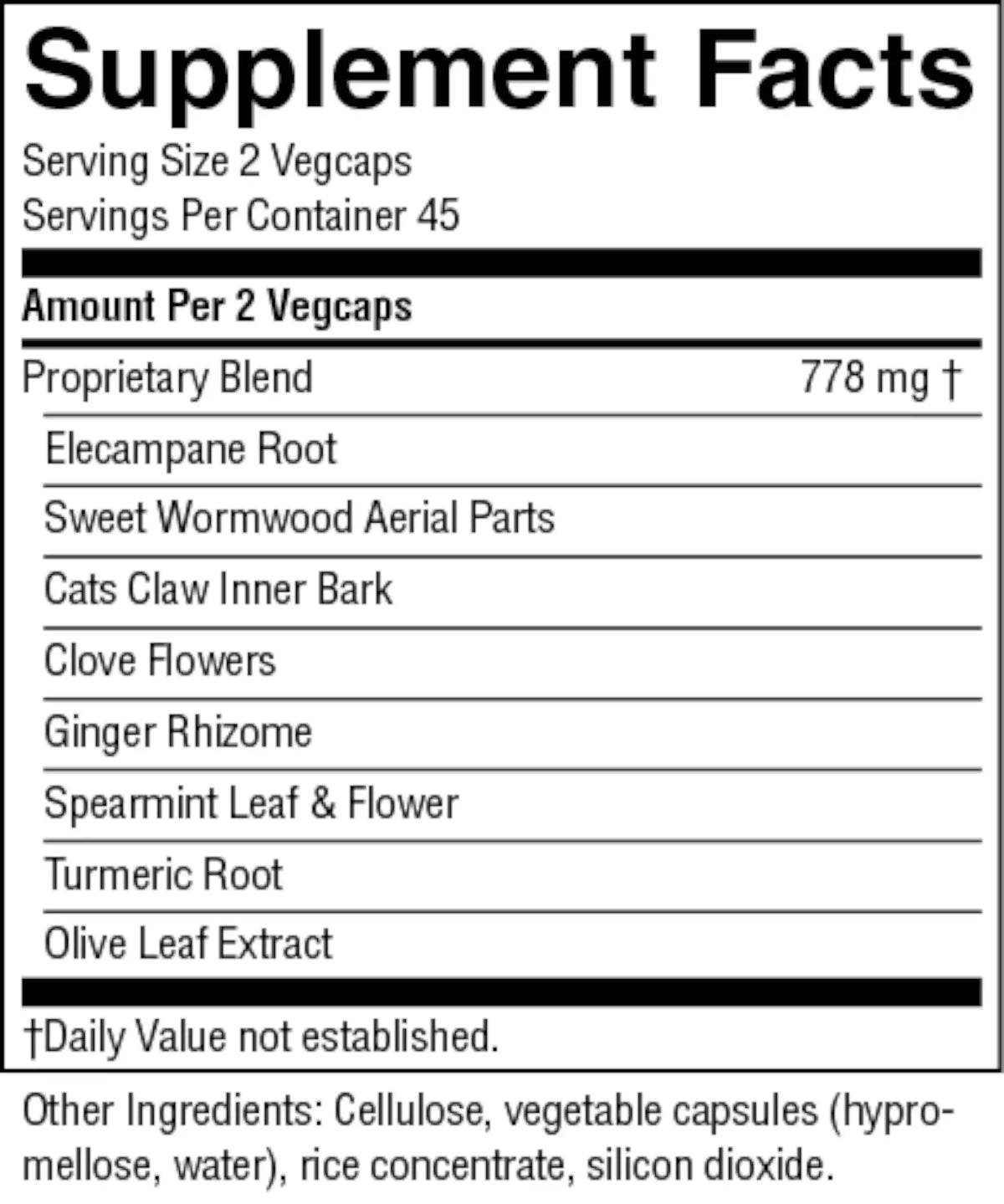 Supplement facts label with ingredients listed on a white background