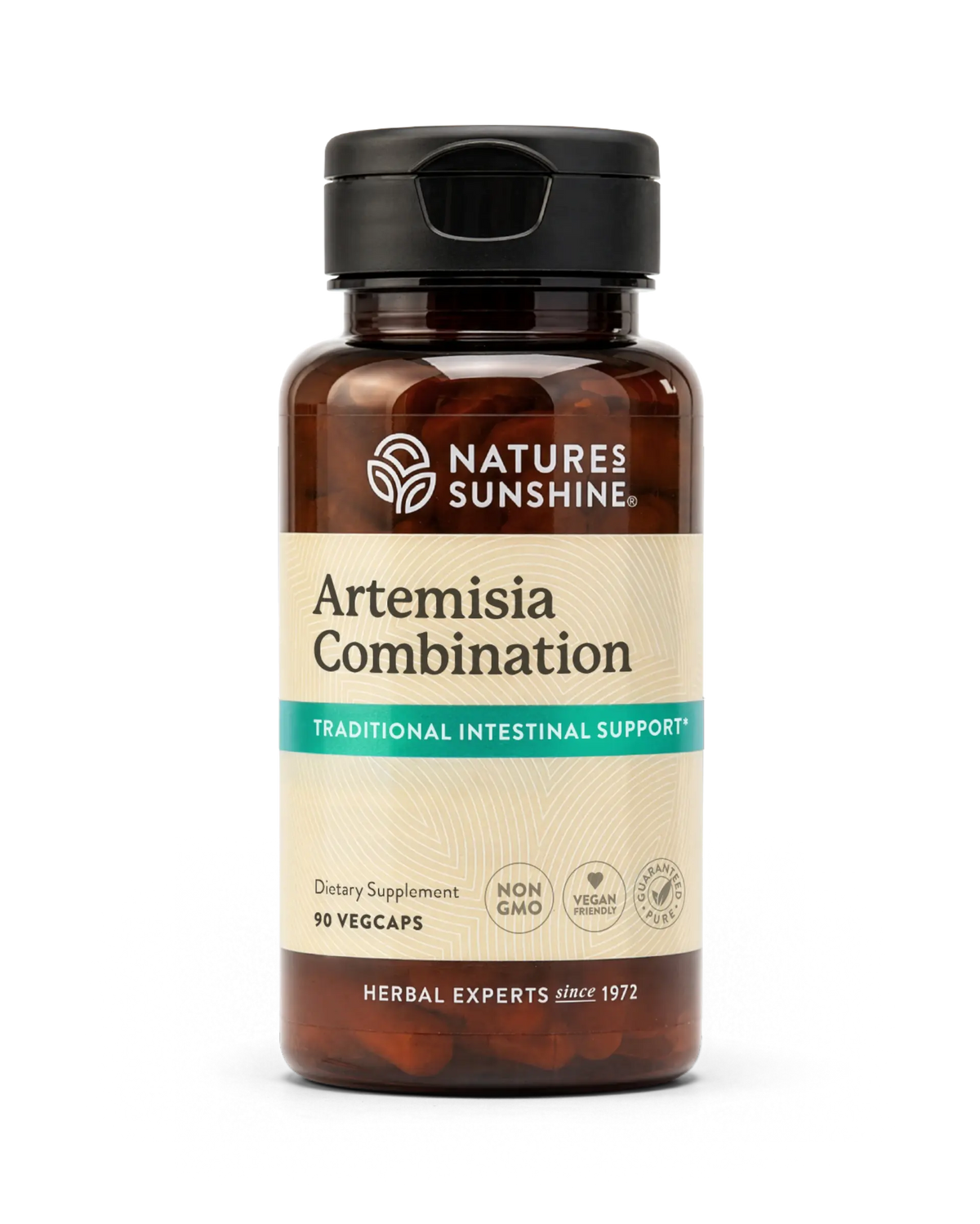 A bottle of Nature's Sunshine Artemisia Combination dietary supplement, containing 90 vegcaps, on a clean white background.