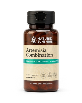 A bottle of Nature's Sunshine Artemisia Combination dietary supplement, containing 90 vegcaps, on a clean white background.