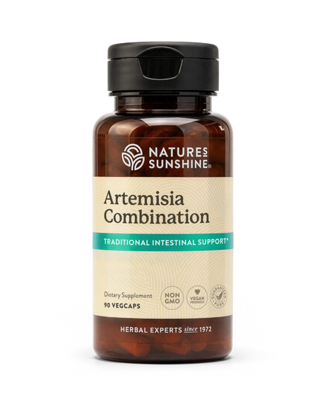 A bottle of Nature's Sunshine Artemisia Combination dietary supplement, containing 90 vegcaps, on a clean white background.