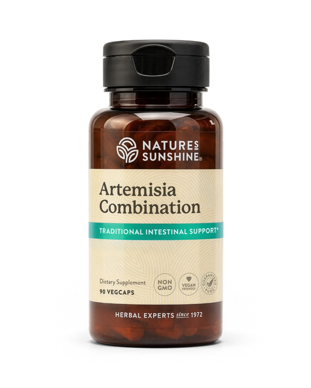 A bottle of Nature's Sunshine Artemisia Combination dietary supplement, containing 90 vegcaps, on a clean white background.
