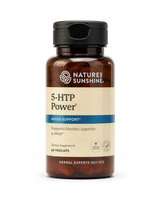 A bottle of Natures Sunshine 5-HTP Power dietary supplement, featuring an amber brown bottle, a black flip-top cap, and a beige label with blue accents.