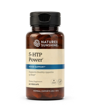 A bottle of Natures Sunshine 5-HTP Power dietary supplement, featuring an amber brown bottle, a black flip-top cap, and a beige label with blue accents.