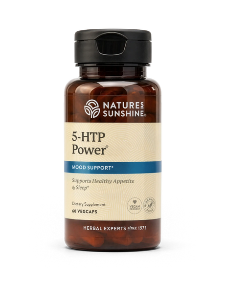 A bottle of Natures Sunshine 5-HTP Power dietary supplement, featuring an amber brown bottle, a black flip-top cap, and a beige label with blue accents.