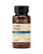 A bottle of Natures Sunshine 5-HTP Power dietary supplement, featuring an amber brown bottle, a black flip-top cap, and a beige label with blue accents.