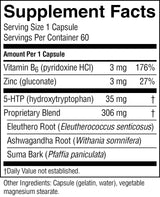 A close-up of a supplement facts label showing serving size 1 capsule, servings per container 60, and amounts per capsule for Vitamin B6, Zinc, 5-HTP, and a proprietary blend, with listed botanical ingredients below.