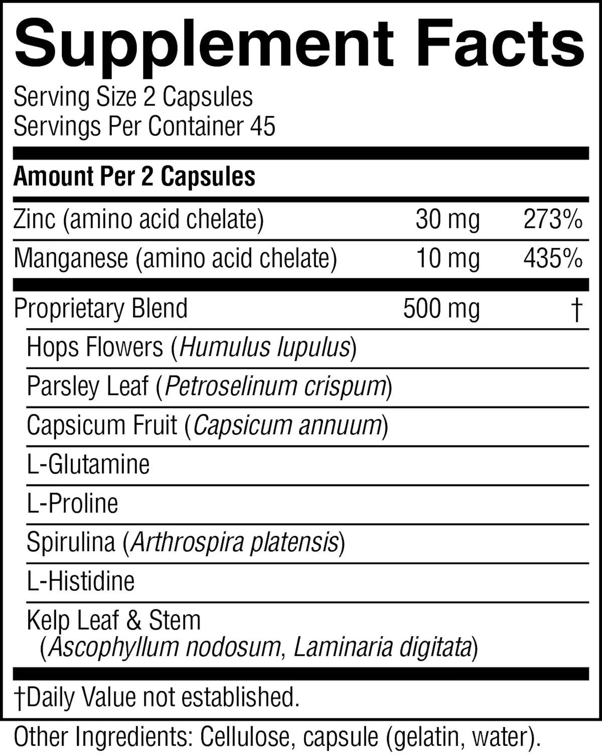 A close-up of a supplement facts label showing a serving size of 2 capsules and a list of ingredients including Zinc, Manganese, Proprietary Blend, Hops Flowers, Parsley Leaf, Capsicum Fruit, L-Glutamine, L-Proline, Spirulina, L-Histidine, and Kelp Leaf & Stem.