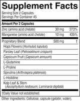 A close-up of a supplement facts label showing a serving size of 2 capsules and a list of ingredients including Zinc, Manganese, Proprietary Blend, Hops Flowers, Parsley Leaf, Capsicum Fruit, L-Glutamine, L-Proline, Spirulina, L-Histidine, and Kelp Leaf & Stem.