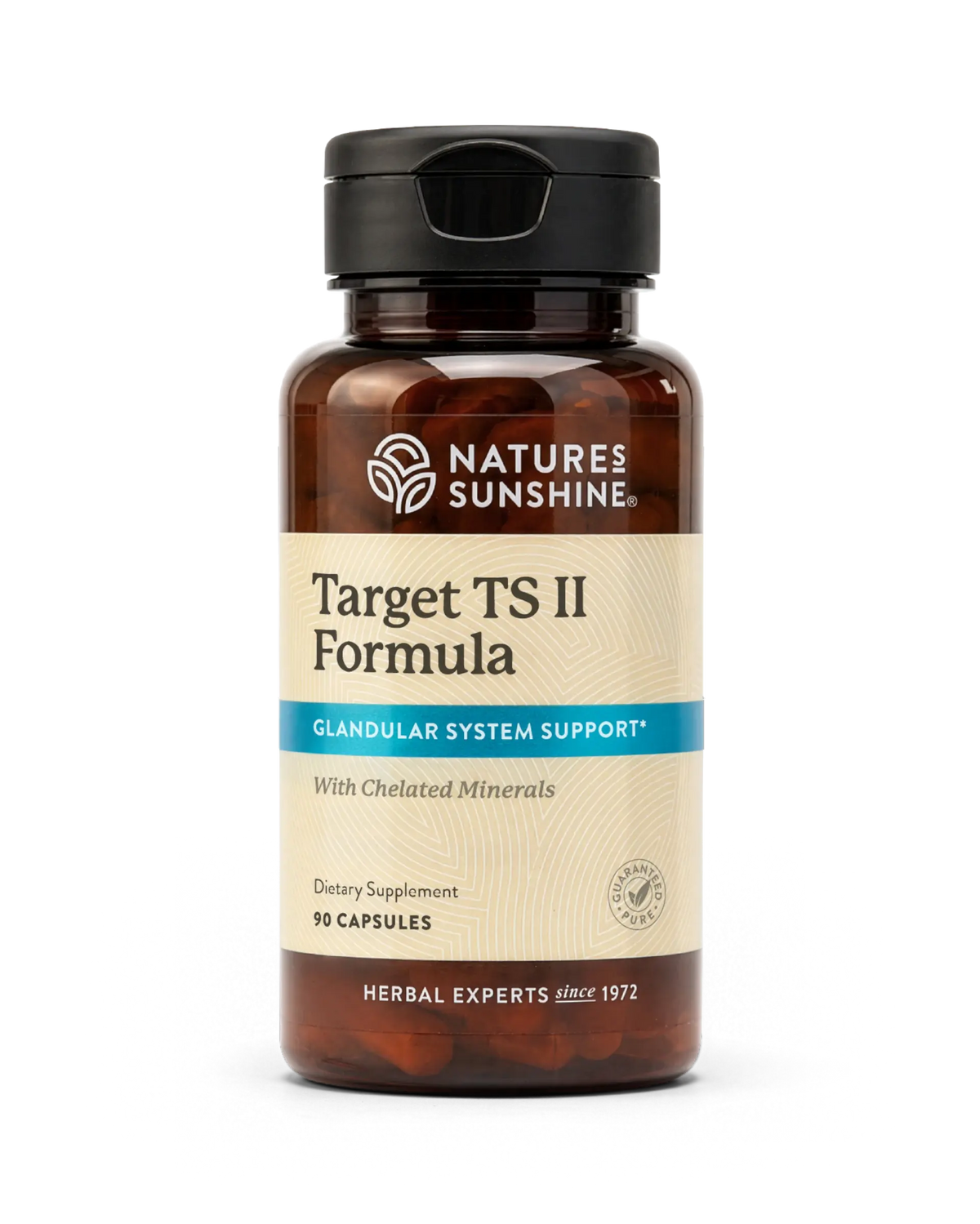 A bottle of Nature's Sunshine Target TS II Formula dietary supplement, featuring an amber brown bottle, beige label, and black cap, set against a plain white background.