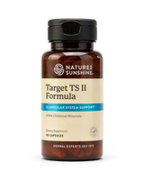 A bottle of Nature's Sunshine Target TS II Formula dietary supplement, featuring an amber brown bottle, beige label, and black cap, set against a plain white background.
