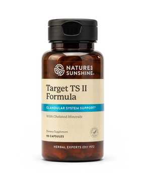 A bottle of Nature's Sunshine Target TS II Formula dietary supplement, featuring an amber brown bottle, beige label, and black cap, set against a plain white background.