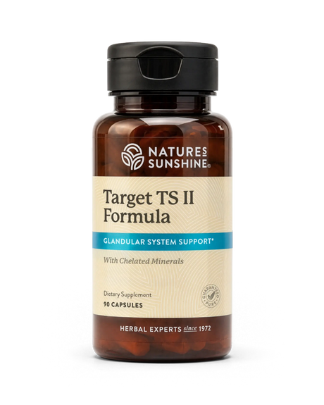 A bottle of Nature's Sunshine Target TS II Formula dietary supplement, featuring an amber brown bottle, beige label, and black cap, set against a plain white background.