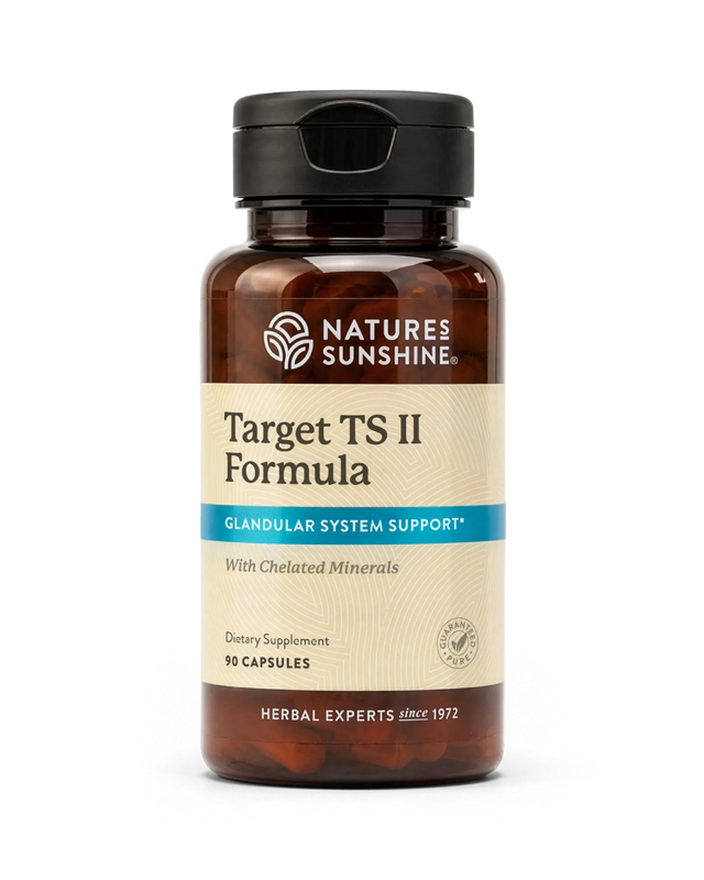 A bottle of Nature's Sunshine Target TS II Formula dietary supplement, featuring an amber brown bottle, beige label, and black cap, set against a plain white background.