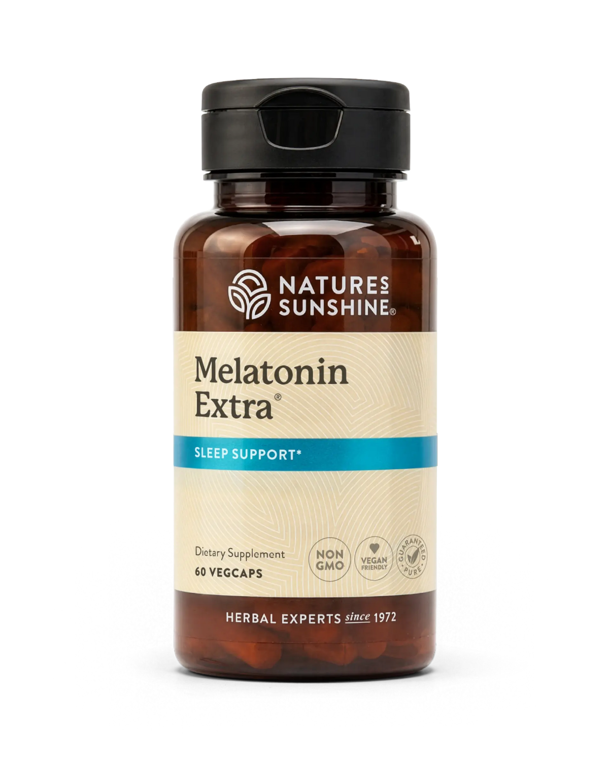 A bottle of Natures Sunshine Melatonin Extra dietary supplement, containing 60 vegcaps, on a clean white background.