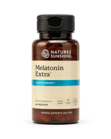 A bottle of Natures Sunshine Melatonin Extra dietary supplement, containing 60 vegcaps, on a clean white background.