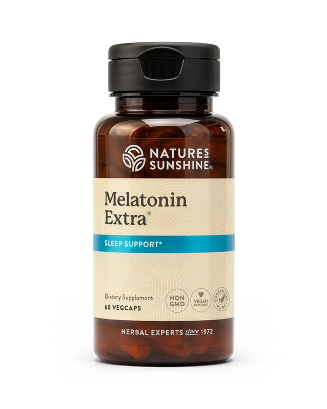 A bottle of Natures Sunshine Melatonin Extra dietary supplement, containing 60 vegcaps, on a clean white background.