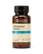 A bottle of Natures Sunshine Melatonin Extra dietary supplement, containing 60 vegcaps, on a clean white background.