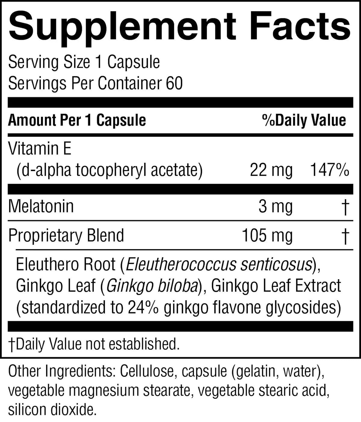 A close-up of a supplement facts label showing serving size 1 capsule, 60 servings per container, with listed ingredients and amounts per capsule including Vitamin E, Melatonin, and a proprietary blend.