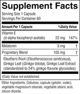A close-up of a supplement facts label showing serving size 1 capsule, 60 servings per container, with listed ingredients and amounts per capsule including Vitamin E, Melatonin, and a proprietary blend.