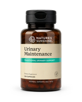 A bottle of Natures Sunshine Urinary Maintenance dietary supplement, featuring an amber brown bottle, black cap, and a beige label with a teal accent band.
