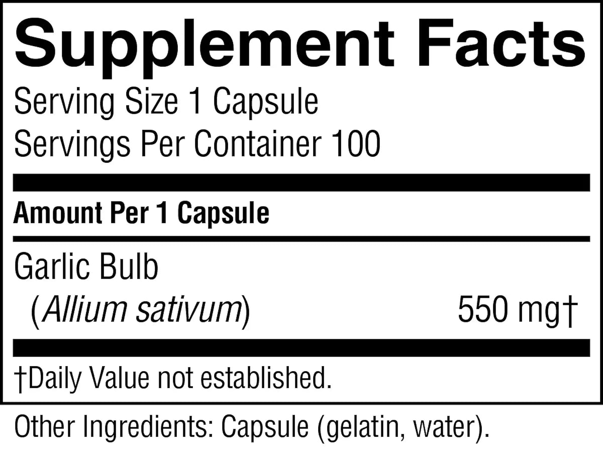 A Supplement Facts label showing garlic bulb as the product ingredient, with serving size 1 capsule, 100 servings per container, and 550 mg listed under amount per 1 capsule.