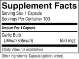 A Supplement Facts label showing garlic bulb as the product ingredient, with serving size 1 capsule, 100 servings per container, and 550 mg listed under amount per 1 capsule.