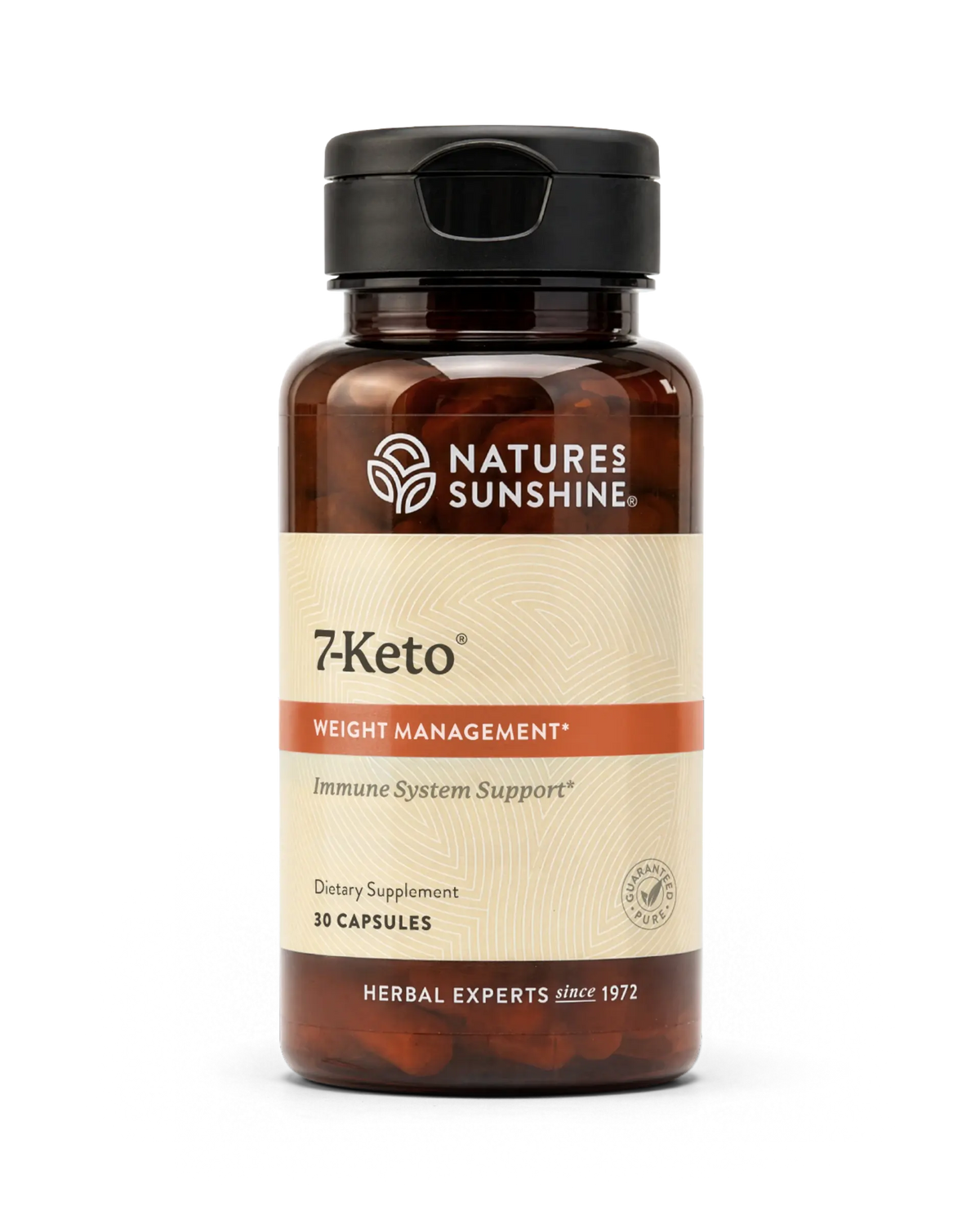 A bottle of Natures Sunshine 7Keto dietary supplement with amber brown plastic, a black cap, and a beige label with orange accents, containing 10 capsules.
