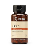A bottle of Natures Sunshine 7Keto dietary supplement with amber brown plastic, a black cap, and a beige label with orange accents, containing 10 capsules.