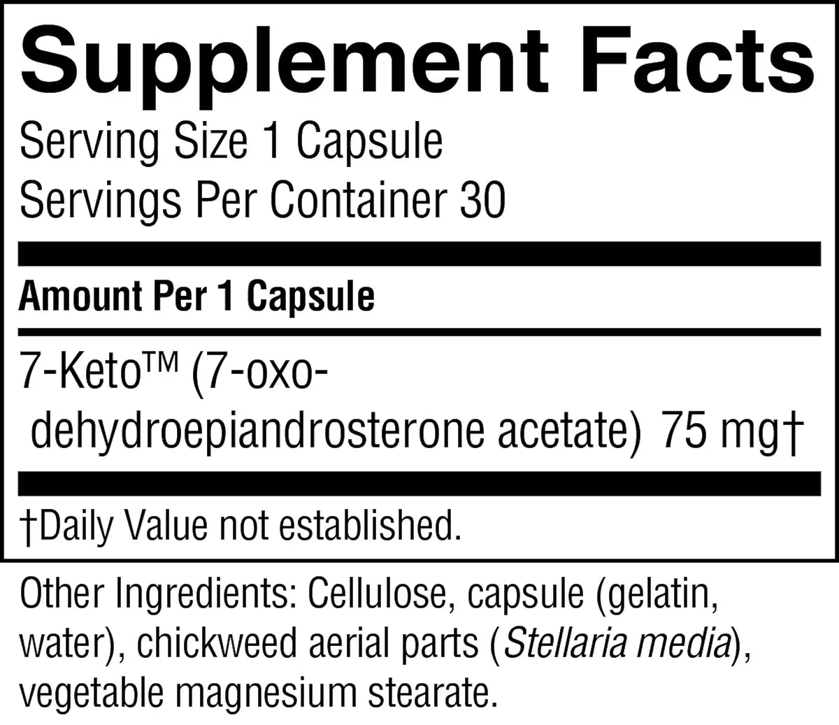 A close-up of a supplement facts label showing serving size 1 capsule, servings per container 30, and amount per 1 capsule for 7-Keto (7-oxo-dehydroepiandrosterone acetate) 75 mg, with other ingredients listed below.