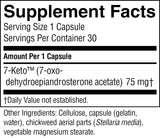 A close-up of a supplement facts label showing serving size 1 capsule, servings per container 30, and amount per 1 capsule for 7-Keto (7-oxo-dehydroepiandrosterone acetate) 75 mg, with other ingredients listed below.