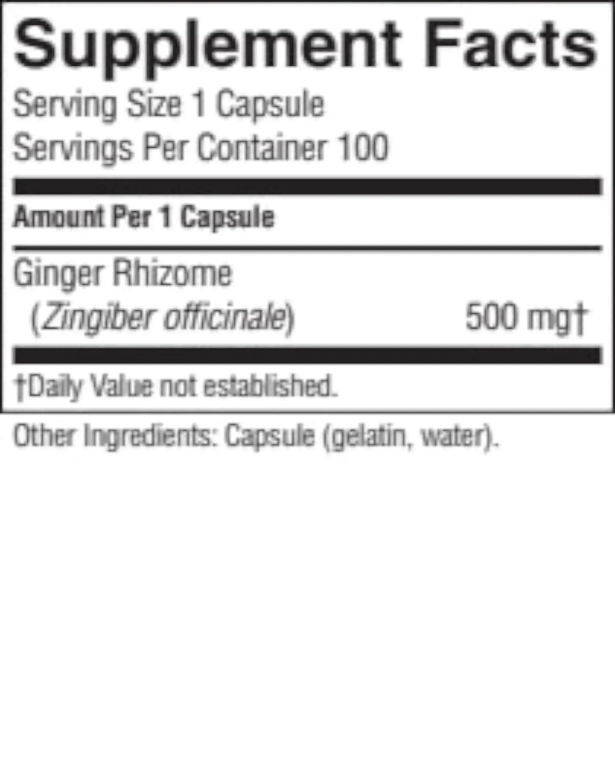 A close-up of a supplement facts label showing ginger rhizome at 500 mg, with serving size 1 capsule and 100 servings per container.