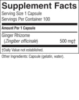 A close-up of a supplement facts label showing ginger rhizome at 500 mg, with serving size 1 capsule and 100 servings per container.