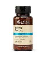 A bottle of Nature's Sunshine Bowel Detox dietary supplement, featuring amber brown plastic, a black flip-top cap, and a beige label with blue accents, set against a plain white background.
