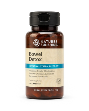 A bottle of Nature's Sunshine Bowel Detox dietary supplement, featuring amber brown plastic, a black flip-top cap, and a beige label with blue accents, set against a plain white background.