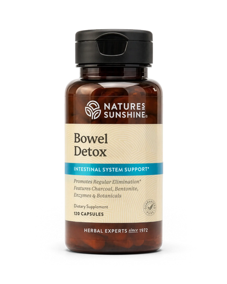 A bottle of Nature's Sunshine Bowel Detox dietary supplement, featuring amber brown plastic, a black flip-top cap, and a beige label with blue accents, set against a plain white background.