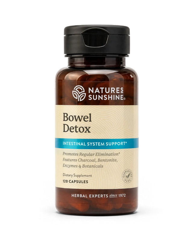 A bottle of Nature's Sunshine Bowel Detox dietary supplement, featuring amber brown plastic, a black flip-top cap, and a beige label with blue accents, set against a plain white background.
