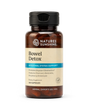 A bottle of Nature's Sunshine Bowel Detox dietary supplement, featuring amber brown plastic, a black flip-top cap, and a beige label with blue accents, set against a plain white background.