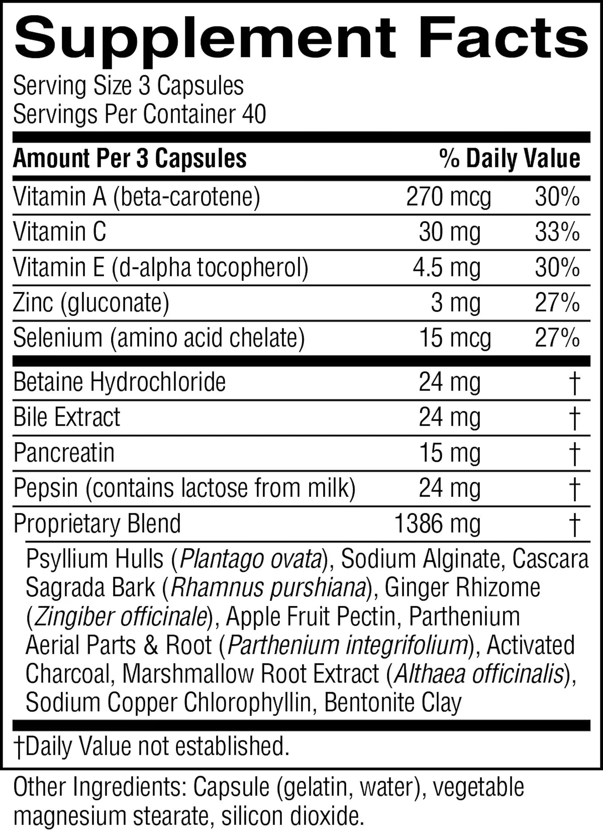 A black-and-white Supplement Facts label showing a list of ingredients and daily value percentages for a 3-capsule serving size.