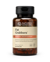 A bottle of Nature's Sunshine Fat Grabbers dietary supplement, containing 180 yellowcaps, on a clean white background.