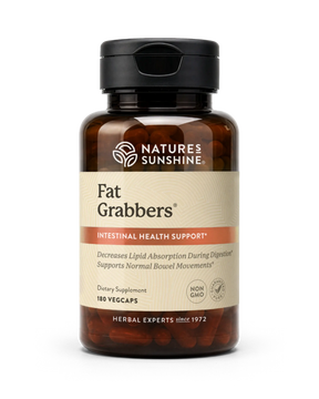 A bottle of Nature's Sunshine Fat Grabbers dietary supplement, containing 180 yellowcaps, on a clean white background.