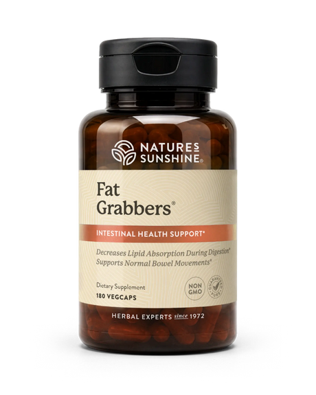 A bottle of Nature's Sunshine Fat Grabbers dietary supplement, containing 180 yellowcaps, on a clean white background.