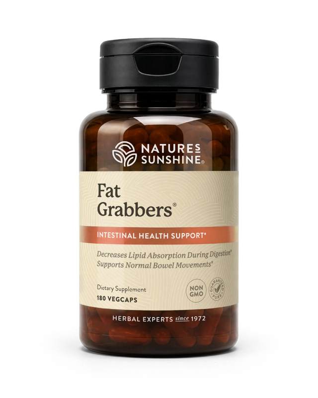 A bottle of Nature's Sunshine Fat Grabbers dietary supplement, containing 180 yellowcaps, on a clean white background.