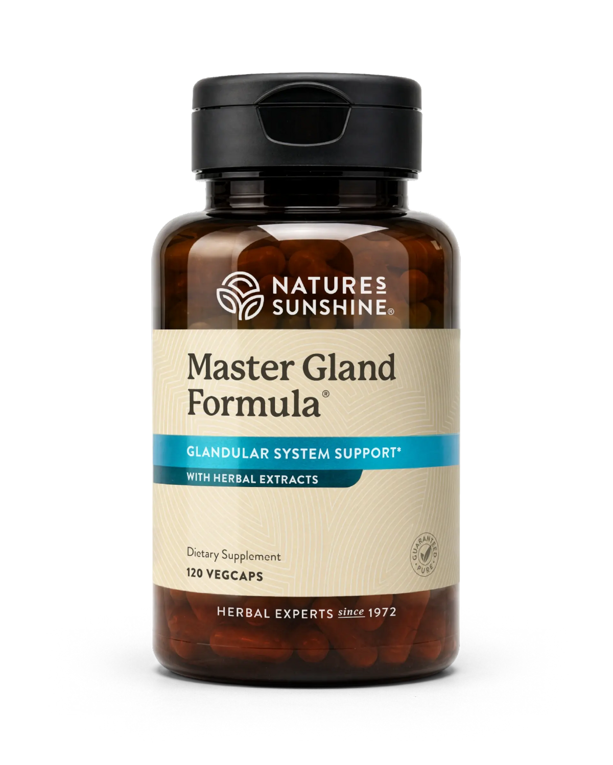 A bottle of Nature's Sunshine Master Gland Formula dietary supplement, containing 120 vegcaps, shown on a clean white background.