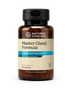A bottle of Nature's Sunshine Master Gland Formula dietary supplement, containing 120 vegcaps, shown on a clean white background.