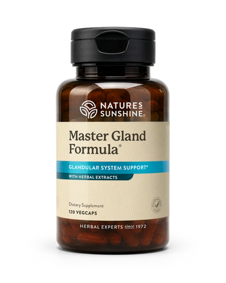 A bottle of Nature's Sunshine Master Gland Formula dietary supplement, containing 120 vegcaps, shown on a clean white background.