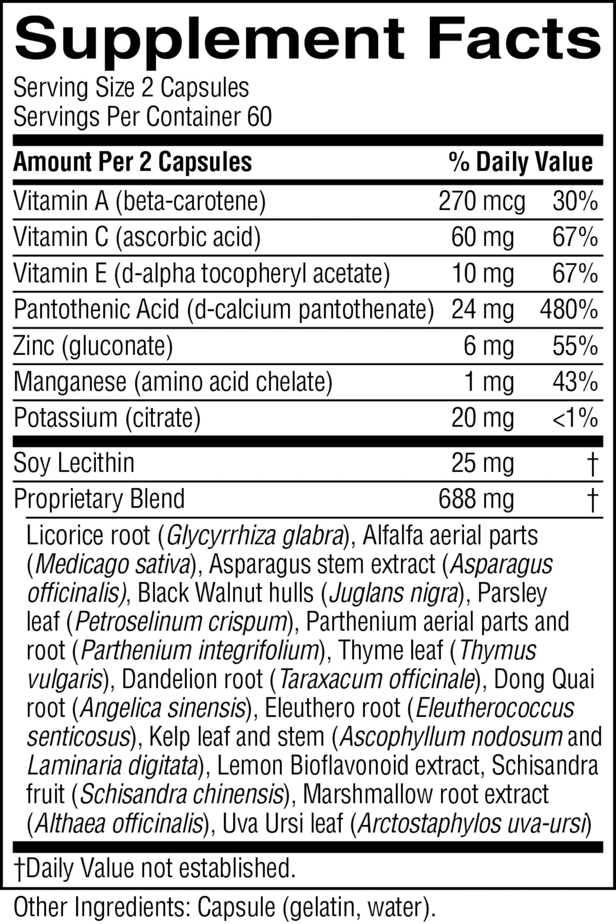 A black supplement facts label with white text listing ingredients and daily value information for a capsule product.