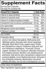 A black supplement facts label with white text listing ingredients and daily value information for a capsule product.