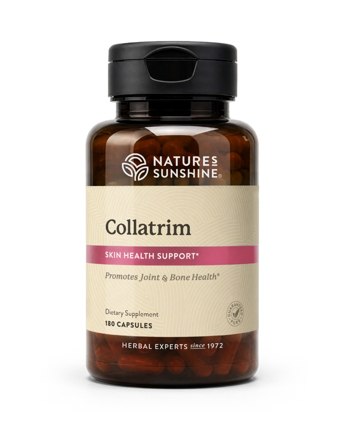 A bottle of Natures Sunshine Collatrim dietary supplement, featuring an amber brown bottle, a black cap, and a beige label with a pink accent band, containing 180 capsules.